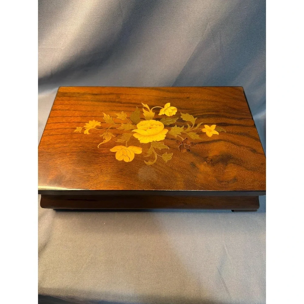 Vintage Lador Swiss Musical Movement Inlay Wood Jewelry Box Santa Lucia Italy
